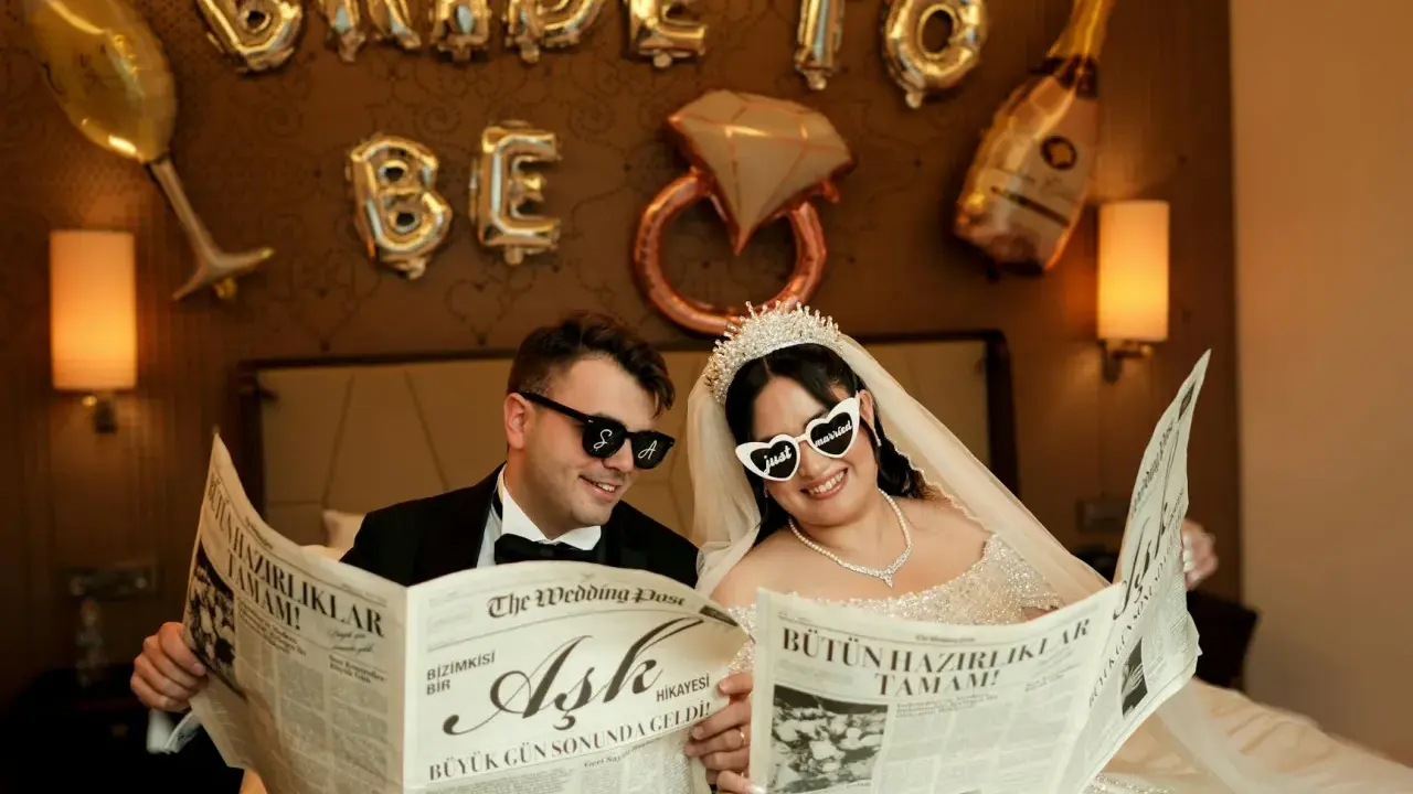 Para młoda czyta gazetę "The Wedding Post" z nagłówkami "Miłość" i "Wszystkie przygotowania zakończone!". Ile pieśni na ślub? Tego nie wiemy, ale na pewno będzie pięknie!