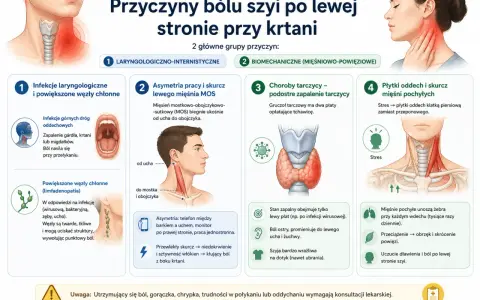 Ilustracja przedstawia anatomię szyi i krtani z zaznaczonymi obszarami bólu, a także grafiki wyjaśniające przyczyny dolegliwości.