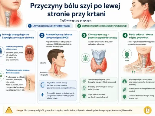 Ilustracja przedstawia anatomię szyi i krtani z zaznaczonymi obszarami bólu, a także grafiki wyjaśniające przyczyny dolegliwości.