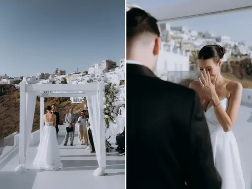 Wzruszona panna młoda ociera łzy podczas ceremonii na Santorini. Choć nie mam świadków na ślub, czuję się kochana.