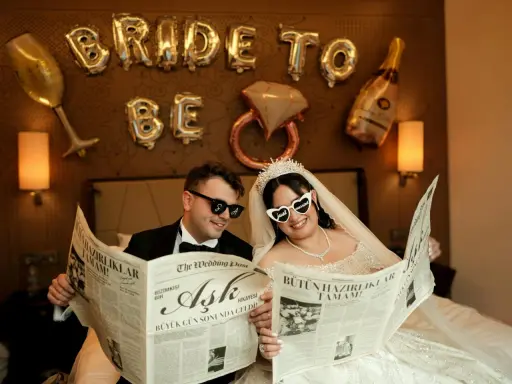 Para młoda czyta gazetę "The Wedding Post" z nagłówkami "Miłość" i "Wszystkie przygotowania zakończone!". Ile pieśni na ślub? Tego nie wiemy, ale na pewno będzie pięknie!