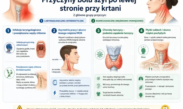 Ilustracja przedstawia anatomię szyi i krtani z zaznaczonymi obszarami bólu, a także grafiki wyjaśniające przyczyny dolegliwości.