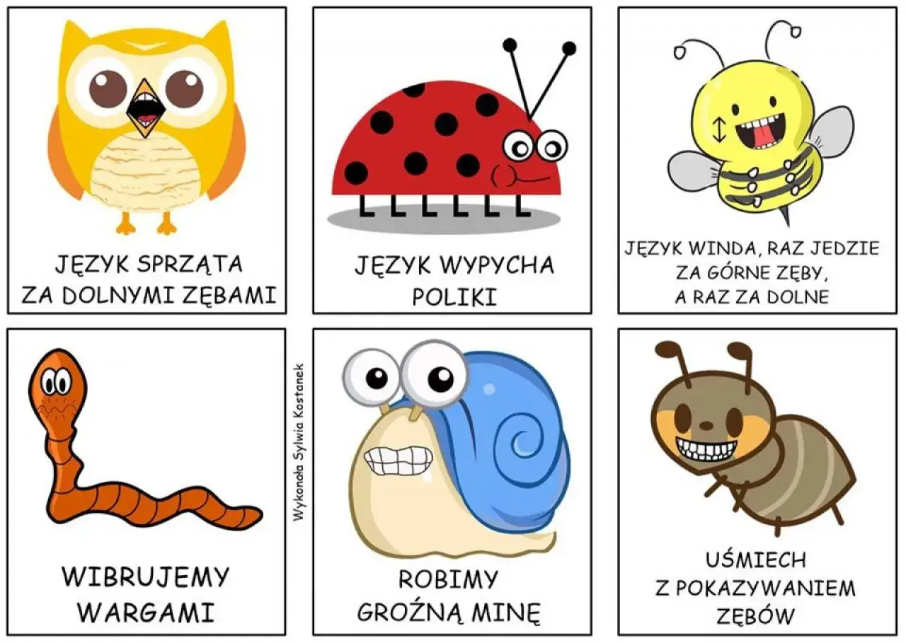 Zestaw kart z rysunkami zwierząt i opisami ćwiczeń na seplenienie: sowa, biedronka, pszczoła, dżdżownica, ślimak, mrówka.